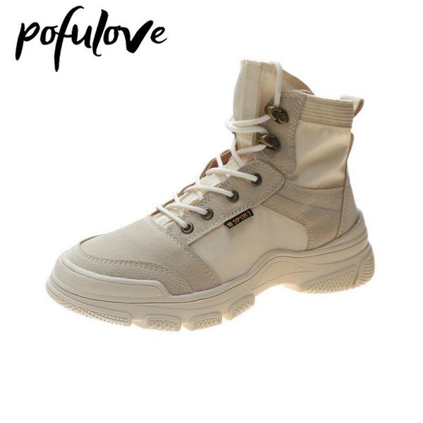 

boots pofulove white leather women spring fall shoes platform summer comfort botas punk korean fashion design zapato, Black