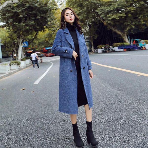 

women's wool & blends women coat outerwear winter clothing fashion thicken warm woolen female casual autumn double breasted long, Black