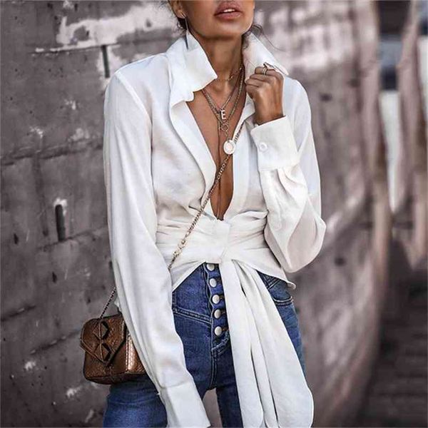 

titame classic white shirt women long sleeve blouse lace up knot office ladies blouse spring autumn female tunic 210401