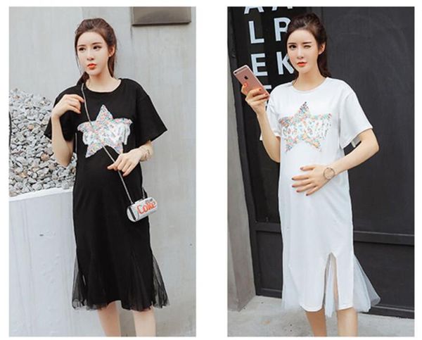 

maternity dresses korean loose stitching long casual star yarn skirt dress for pregnant woman summer -xxl, White