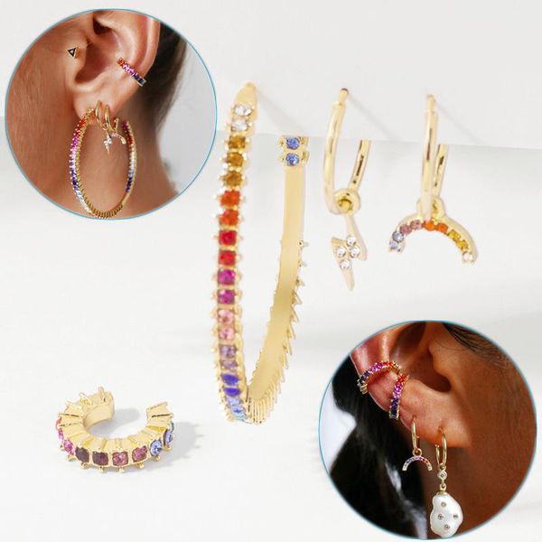 

hoop & huggie 1set fashion crystal metal ear cuff set for women bohemia trendy earings rhinestone clip earrings earcuffs jewelry, Golden;silver