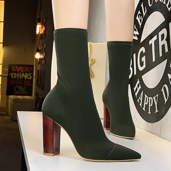 

boots baimier army green stretch fabric women sock pointed toe slip on ankle for wood grain high heel, Black