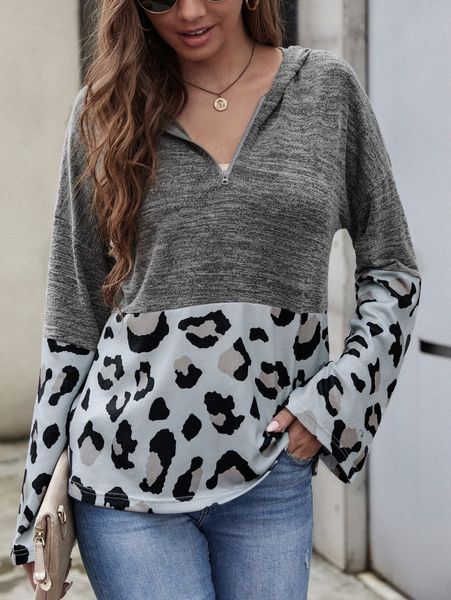 

leopard panel quarter zip drop shoulder hoodie e0pi#, White;black