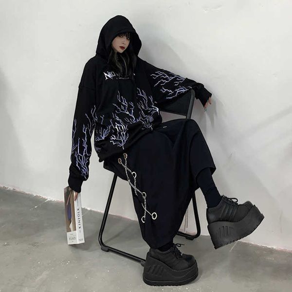 

korea gothic skirt casual hip hop chain large size fashion dark women vintage ins ulzzang a-line high waist women's 210608, Black