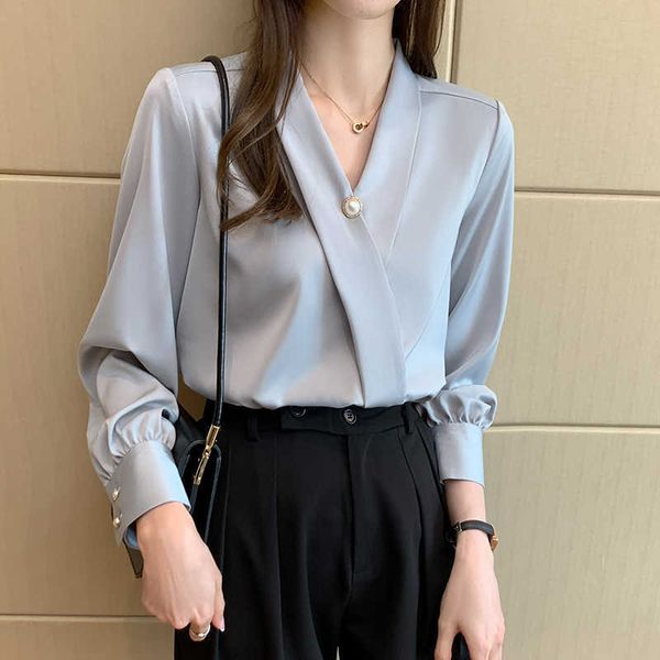 

korean women shirts silk blouses for long sleeve beading woman satin v-neck plus size 210604, White
