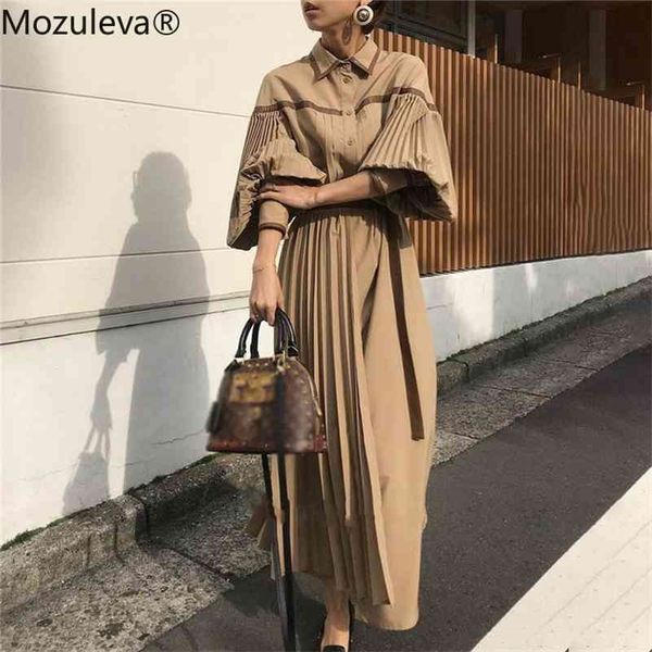 

vintage lantern sleeve pleated women fashion lace up patchwork female dress single-breasted vestidos femme 210416, White