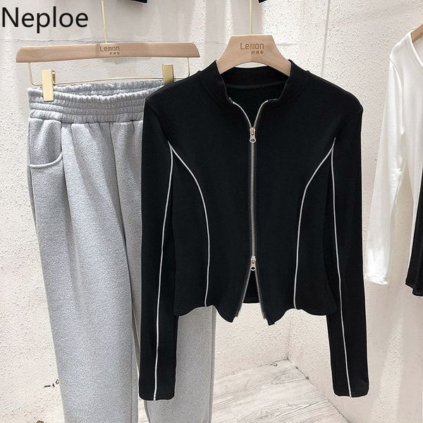 

neploe t-shirt female stand neck long sleeve slim shirt all-match red cropped zipper tees korean fashion women clothing 210422, White