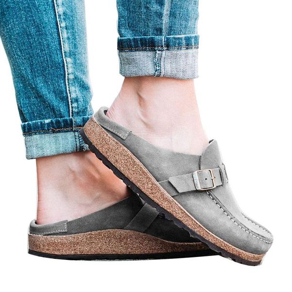 

slippers women slip on sandals 2021 summer retro casual comfy leather buckle suede ladies flat shoes soft female slipper, Black