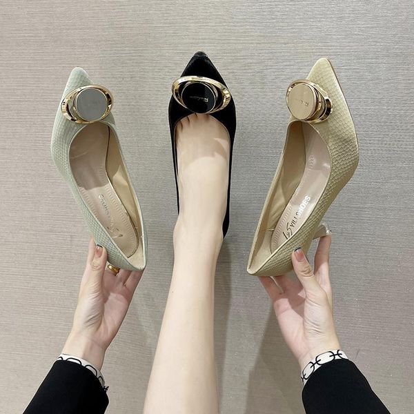 

dress shoes women's high heels retro round buckle pointed toe solid color stiletto, Black