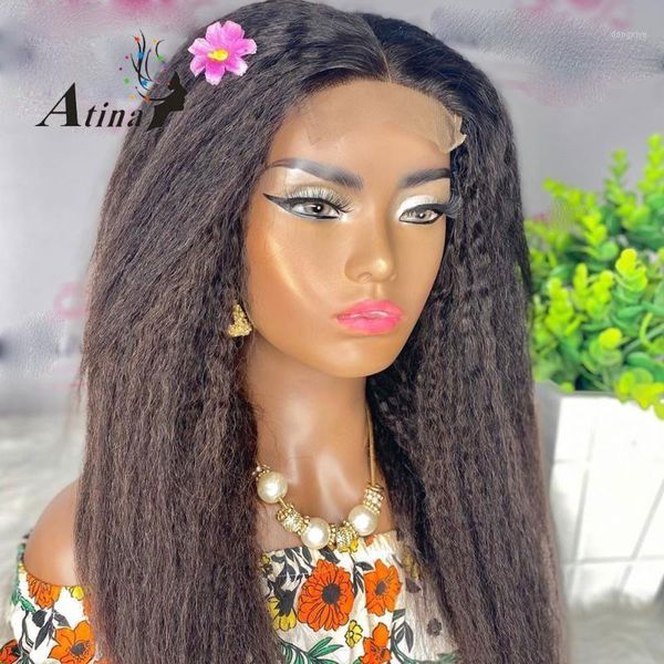 

13x4 lace front human hair wig pre plucked bleach knots kinky straight 4x4 closure brazilian remy for black women atina1, Black;brown