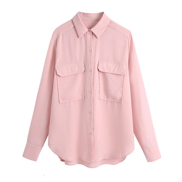 

women's knits & tees elegant solid pink women's blouse summer 2021 pockets fashion casual shirt for lady lapel streetwear straight, White