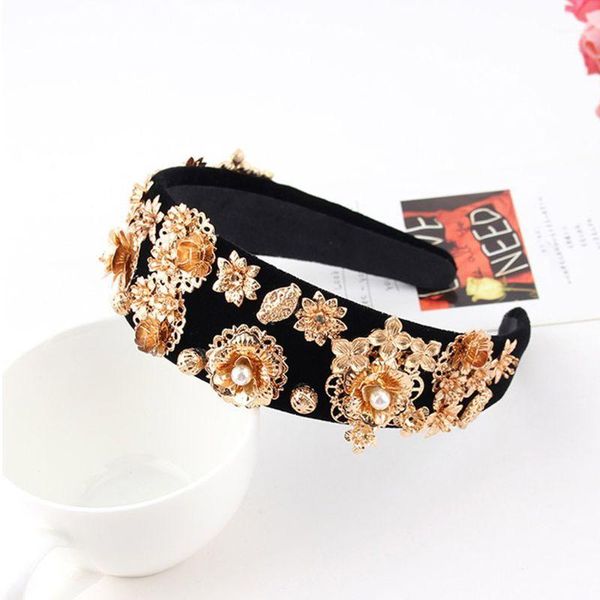 

women heavy duty baroque headband gold alloy flower rhinestone hair hoop 449f1