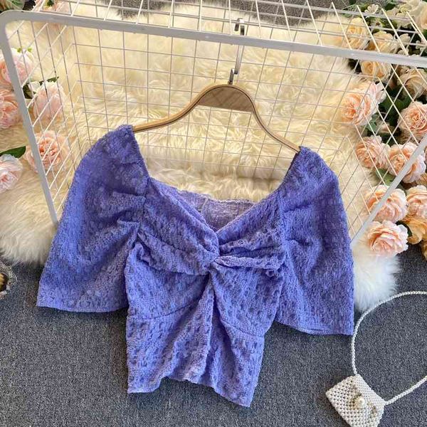 

women's knits & tees korean retro twisted chest slim short shirt and blouse cute solid color female summer for women fashion, White