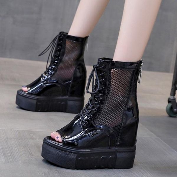 

sandals inner increase women's shoes mesh fish mouth women spring and summer thick-soled short boots wedges, Black