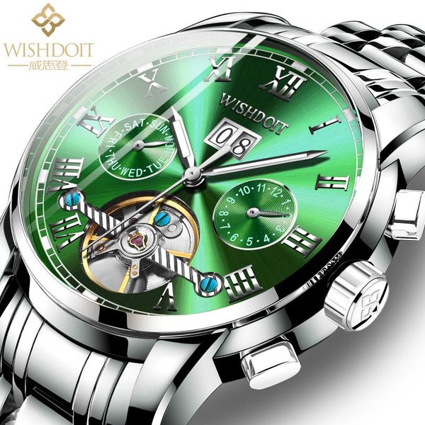 

wristwatches wishdoit luxury men's mechanical watch stainless steel brand tempered glass relogio masculino, Slivery;brown