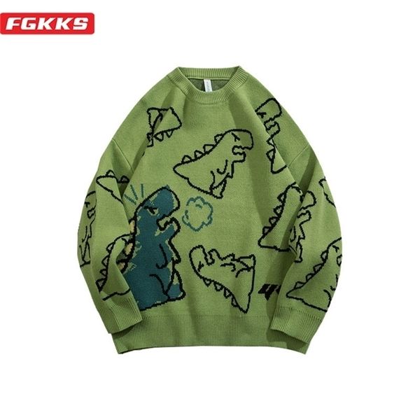 FGKKS Pullover Männer Harajuku Mode Gestrickte Streetwear Dinosaurier Cartoon Pullover Oansatz Oversize Casual Niedlichen Paar Männliche Pullover 211006