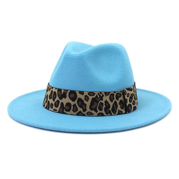 

2022 vintage leopard ribbon felt hat men wool warm jazz fedora hats women formal dress winter hats, Blue;gray