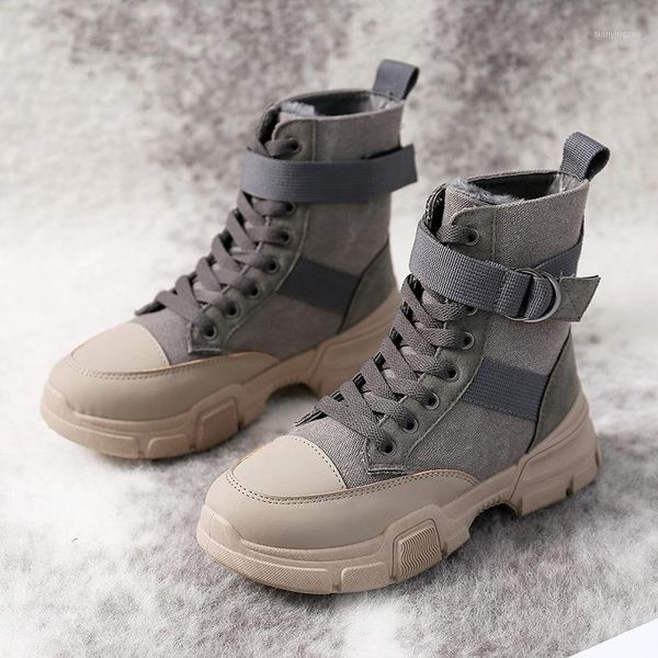 

boots women's thick bottom plush british wind lace up high canvas motorcycle short women1, Black