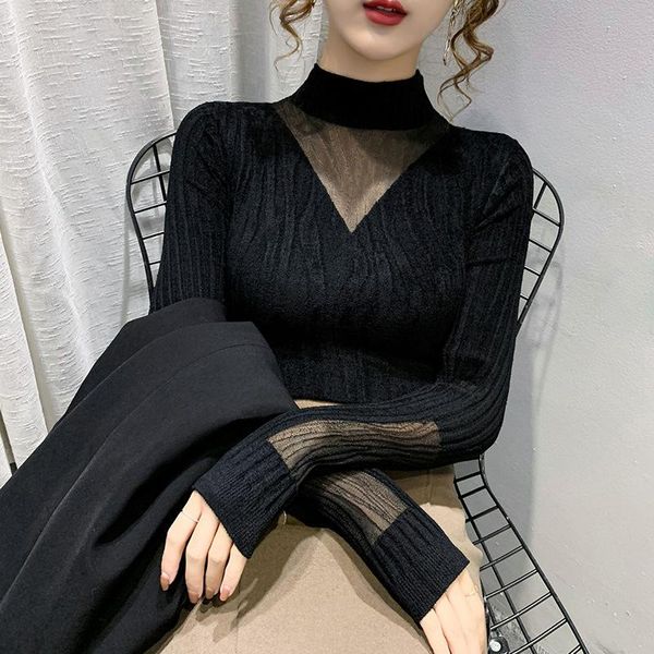 

women's sweaters fall/winter 2021 solid color inner wear fashion half high neck lace stitching knitted bottoming shirt sweater ladies t, White;black