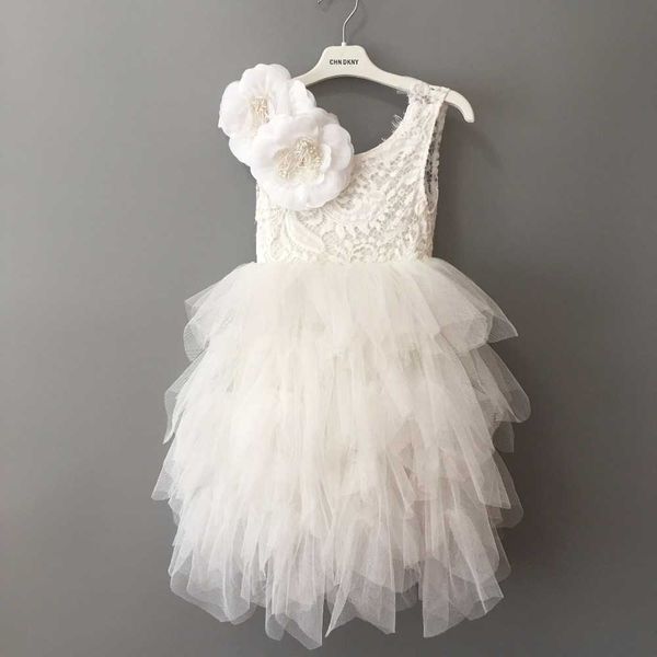 

fashion girls lace dress flowers tiered tutu maxi long sleeve princess for wedding party children clothes 1-8yrs 210529, Red;yellow