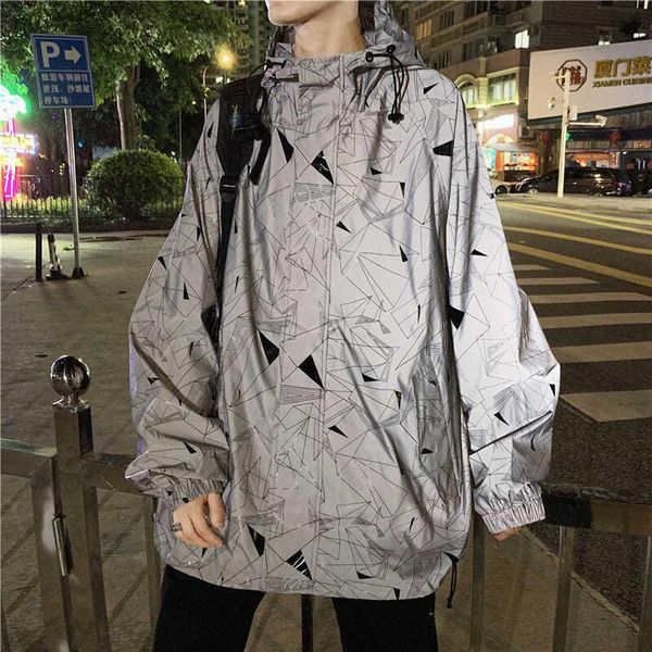

men's jackets spring and autumn super net red hooded jacket loose casual all-match trendy handsome personality ins reflective, Black;brown