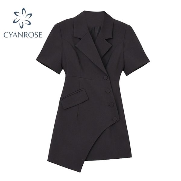 

black blazer dress women korean style elegant short sleeve office lady dresses summer streetwear asymmetry clothes 210515, Black;gray