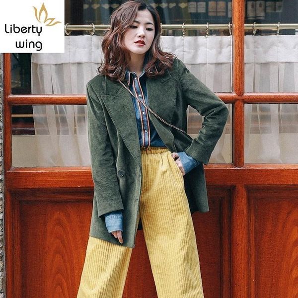 

women's jackets autumn winter women corduroy suits jacket double breasted padded warm suit coat fashion office lady loose fit outwear, Black;brown