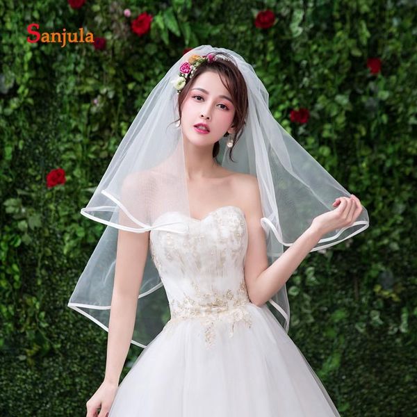 

bridal veils two layers short wedding simple ivory tulle ribbon edge elbow length veil akcesoria slubne v108, Black