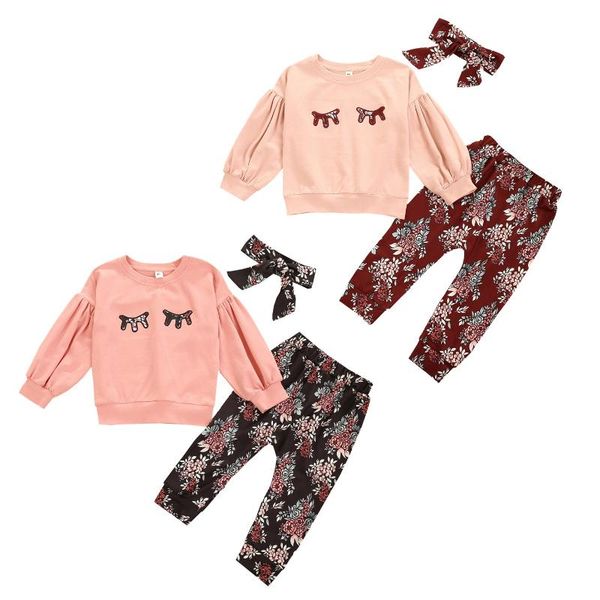 

clothing sets 2021 fall autumn 0-24m toddler baby girl 3pcs set eyelash pattern lantern long sleeve pink floral print pants+headband, White