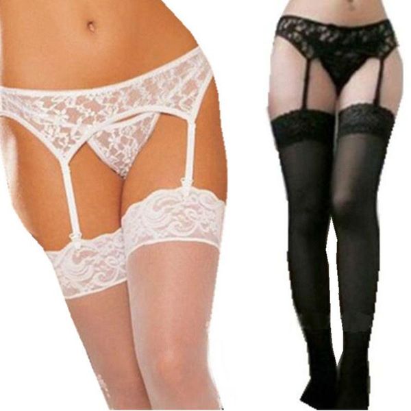 

socks & hosiery lingerie stockings set lace thigh high stockings+garter belt+thongs nylon pantyhose women's erotic, Black;white