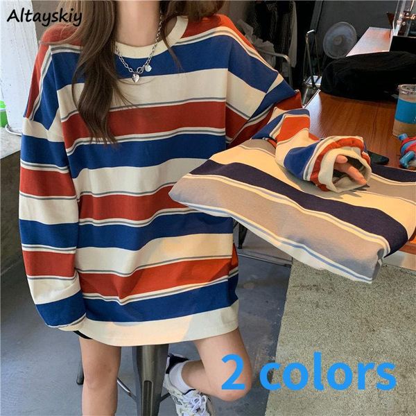 

women's t-shirt striped t-shirts women retro oversize boyfriend long sleeve couple outwear females tees large size s-2xl trendy ulzza, White