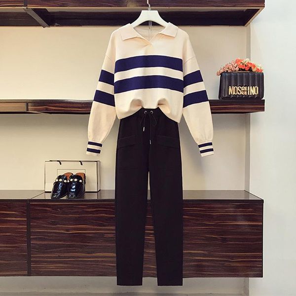 

women's two piece pants fashion stripe patchwork knitted peice set women turn-down collar short sleeve t-shirt+ankle-length casual trac, White