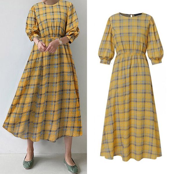 

casual dresses dresses elegant check midi dress women's summer sundress puff sleeve long vestidos female o neck robe plus size e87h, Black;gray