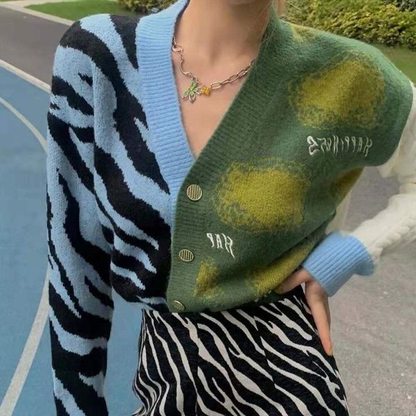 

women's knits & tees cardigan for women sweater y2k knitted zebra print color-match v-neck long sleeve fashion sweet ladies knitwear dr, White