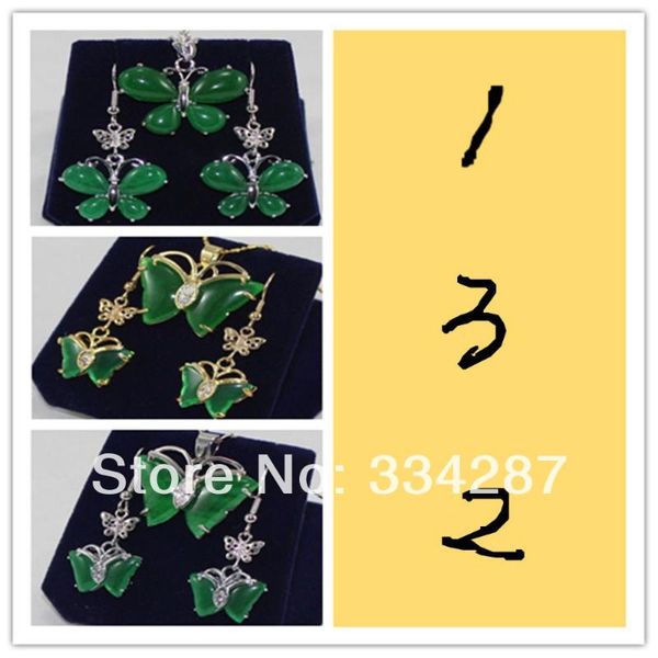 

earrings & necklace 3 style pretty 18kgp butterfly green stone pendant set, Silver