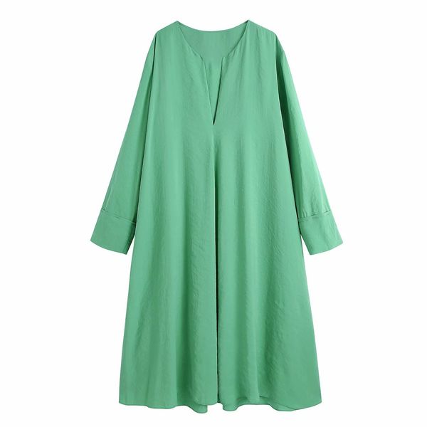

women green dress long sleeve v-neck oversize loose midi dresses chic lady casual fashion clothes 210517, Black;gray