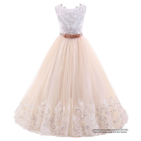 2021 Princesa Princesa Appliques Lantejoulas Flor Menina Vestidos Bow Tulle Meninas Pageant Comunhão Comunhão Para O Casamento Formal Party F08