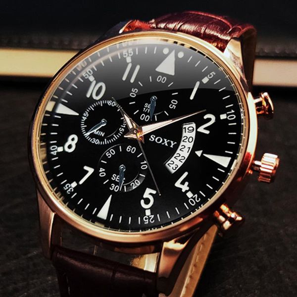 Relógios de pulso Soxy luminous watches de negócios de couro relógio masculino de três olhos Homens de quartzo relógio de calendário watchwatch saati relógio masculino