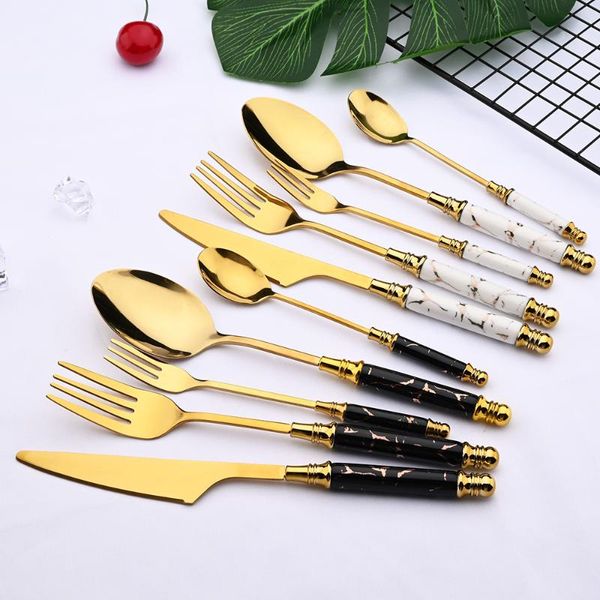 

flatware sets ceramic handle stainless steel cutlery set dinner tableware gold cake fork tea spoon knife dinnerware drop