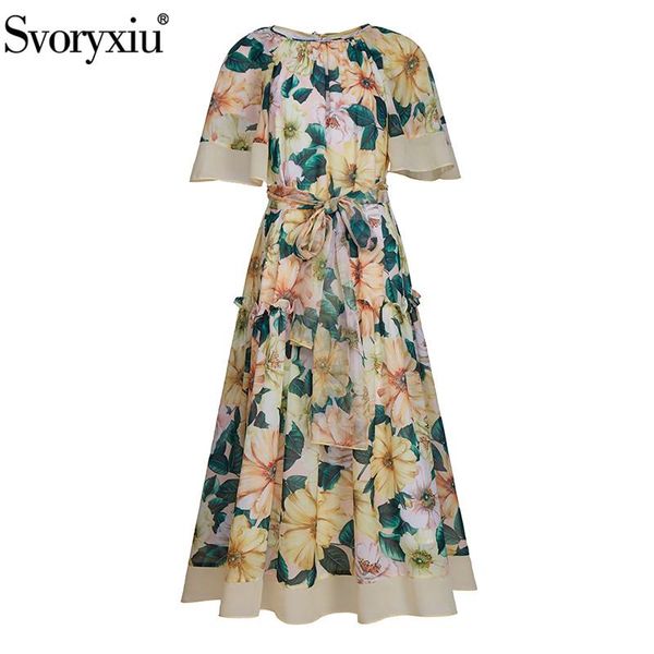

casual dresses svoryxiu 2021 elegant yellow camellia flower print part midi dress women's fashion runway summer vestdios, Black;gray