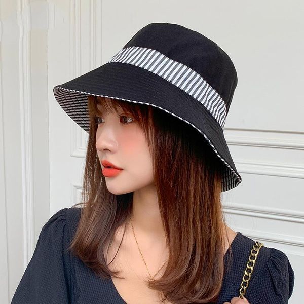 

stingy brim hats korean double-sided fisherman hat female spring and summer striped solid color wide-brimmed sun tide wild casual, Blue;gray