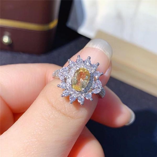 

cluster rings for women natural citrine gemstone 925 silver sterling fine jewelry oval bridal wedding bijouterie, Golden;silver