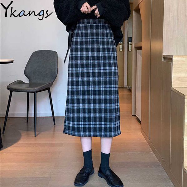 

high waist midi long plaid skirt for women spring elegant office lady vintage skirt korean style vintage autumn maxi skirts 210619, Black