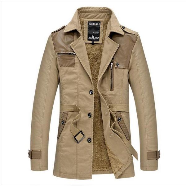 

men's trench coats autumn winter cashmere high-grade warm single breasted fashion casual jackets stitching leather, Tan;black