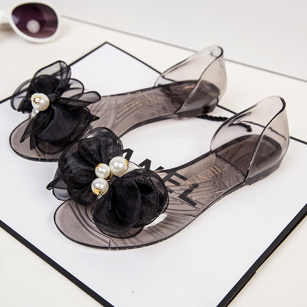 

summer flat sandals women shoes woman sweet lace big flower bow knot pearl plastic jelly shoes plus size cover heels beach shoes, Black