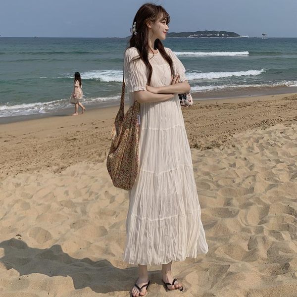 

solid color summer french style long loose short sleeve maternity chiffon dress plus size o-neck pregnant woman dresses, White
