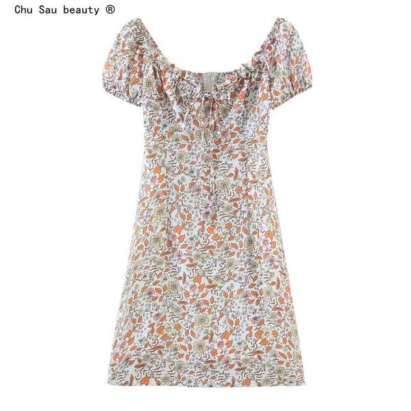 

spring summer vintage chic pastoral style slim printed square collar tie ruffled puff sleeve mini dress woman 210508, Black;gray