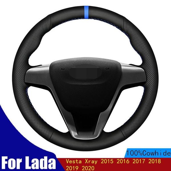 

steering wheel covers hand-stitched car cover soft black genuine leather for lada vesta xray 2021