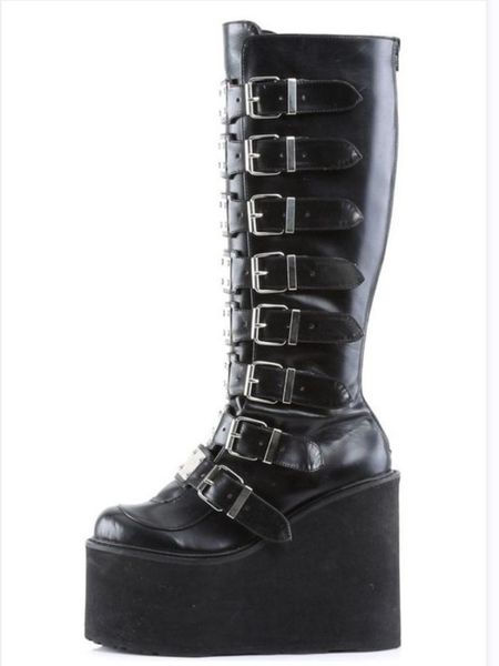 

boots design big size black gothic style cool punk motorcycles female platform wedges high heels calf women shoes 35-43