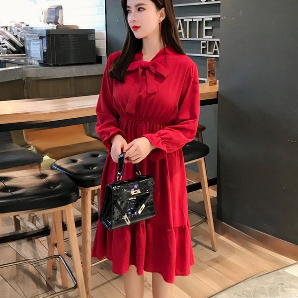

women chiffon dress spring summer female elegant vintage long sleeve solid a-line es office lady casual 210423, Black;gray